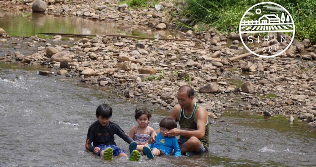 สงกรานต์-คัทลียา กระจ่างเนตร bathes his three children in the river at Sirin Farm in Chiang Rai Thailand