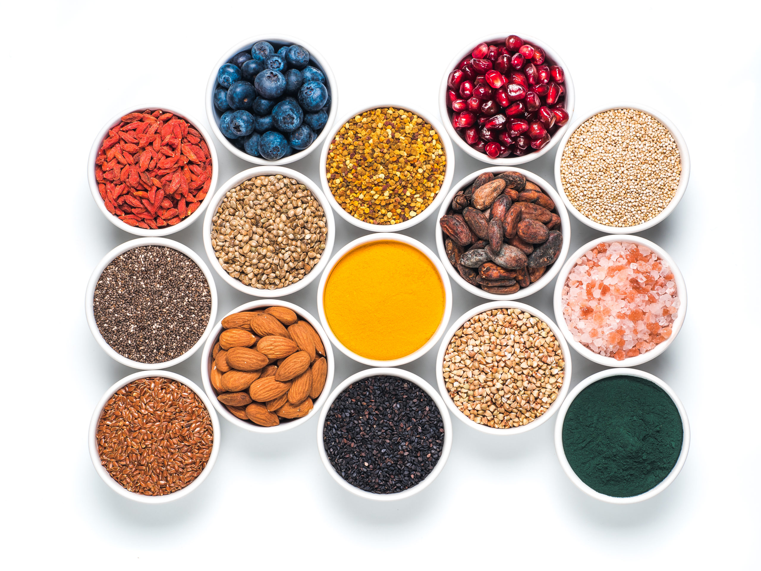 Various,Superfoods,In,Smal,Bowl,Isolated,On,White,Background.,Superfood